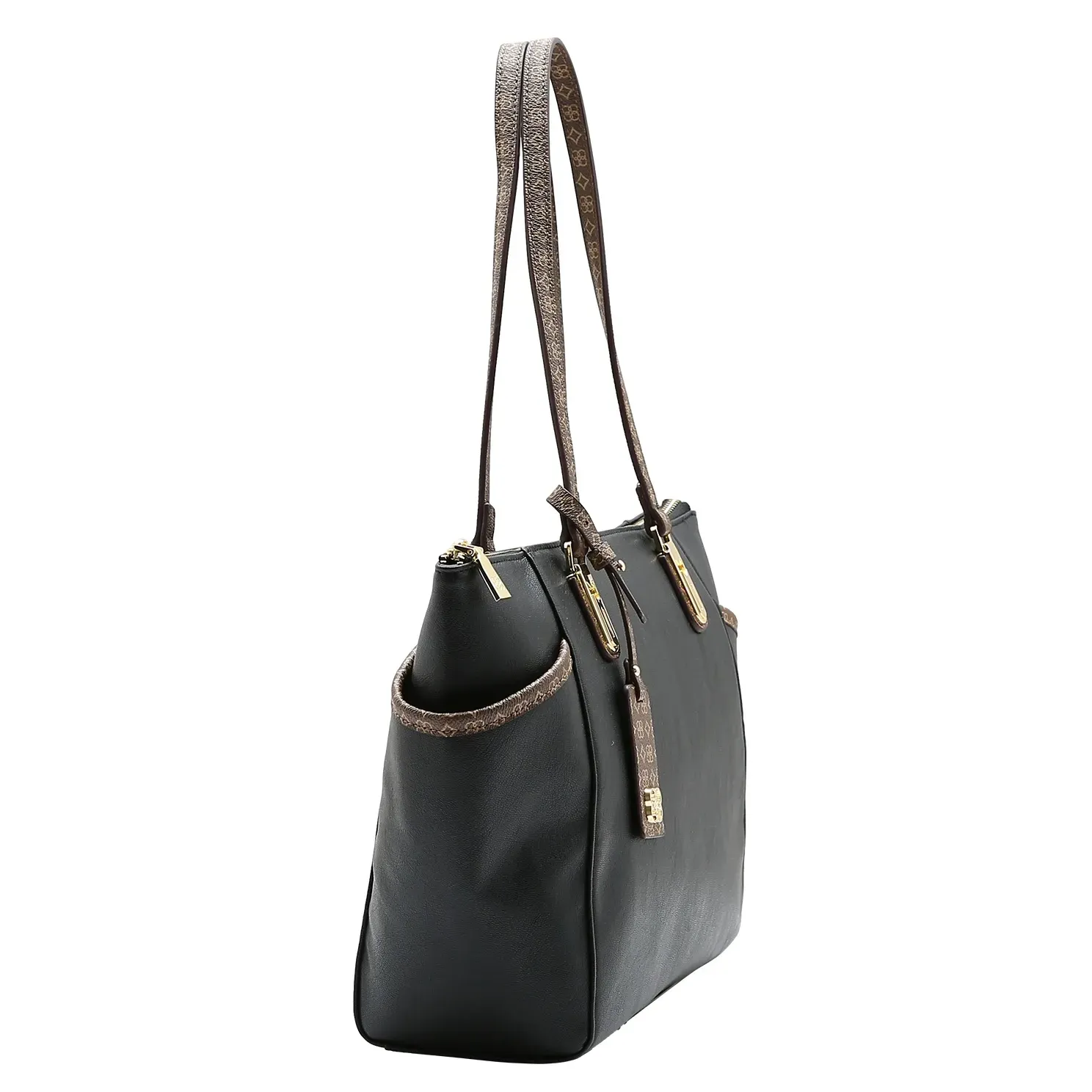 Bolsa Chenson preta vista lateral mostrando formato estruturado e alças estampadas